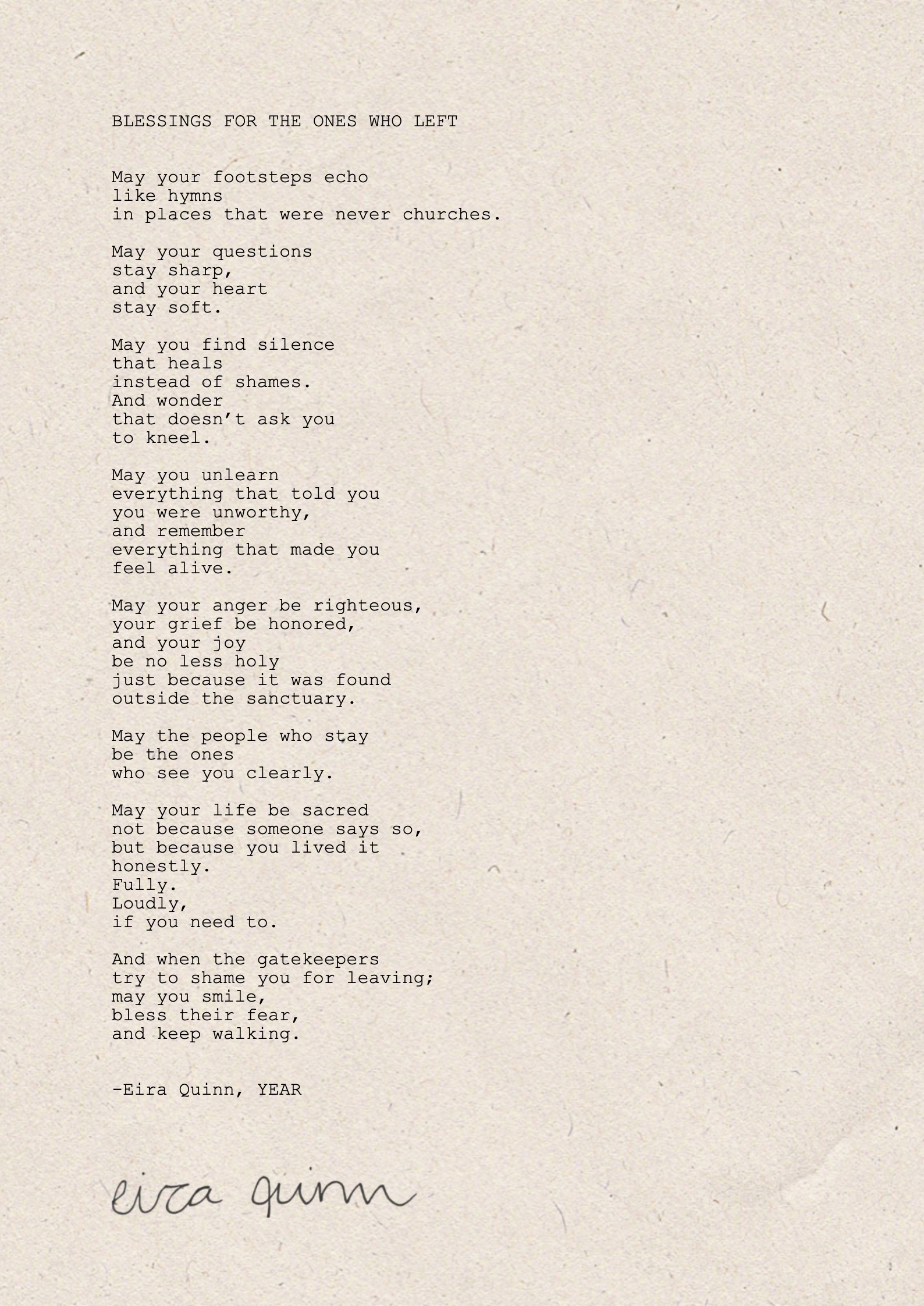 Mockup of "Blessings For the Ones Who Left" hand-typed on A4 handmade paper